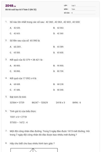 Đề thi cuối học kì II Toán 3 (Đề 32)