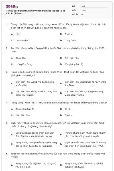 15 câu trắc nghiệm Lịch sử 9 Chân trời sáng tạo Bài 16 có đáp án (Phần 4)