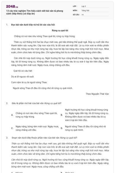 13 câu trắc nghiệm Tìm hiểu cách viết bài văn tả phong cảnh (tiếp theo) (có đáp án)