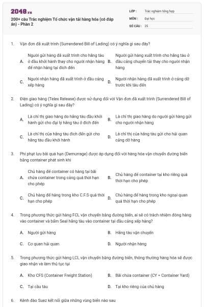 200+ câu Trắc nghiệm Tổ chức vận tải hàng hóa (có đáp án) - Phần 2