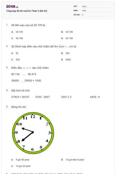 Tổng hợp đề thi cuối kì I Toán 3 (Đề 42)