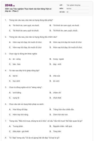 500+ câu Trắc nghiệm Thực hành văn bản tiếng Việt có đáp án - Phần 2