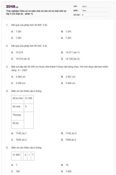 Trắc nghiệm Chia số có năm chữ số cho số có một chữ số lớp 3 (có đáp án - phần 1)
