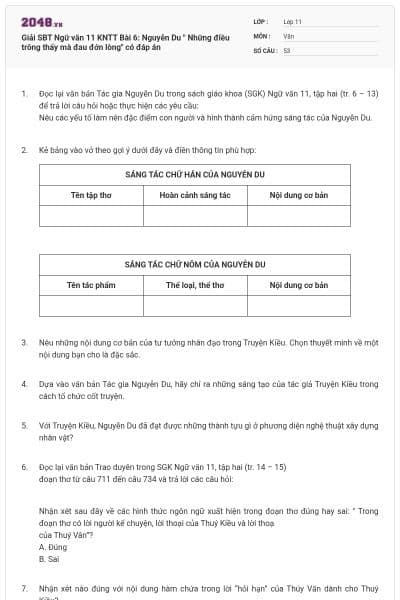 Giải SBT Ngữ văn 11 KNTT Bài 6: Nguyễn Du " Những điều trông thấy mà đau đớn lòng" có đáp án
