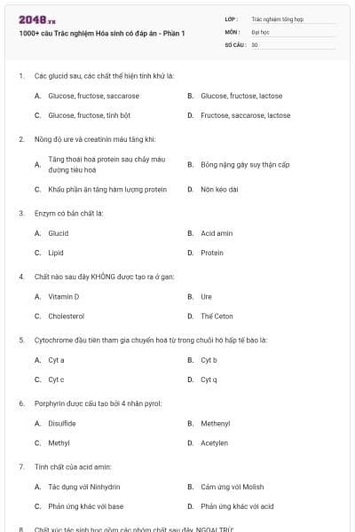 1000+ câu Trắc nghiệm Hóa sinh có đáp án - Phần 1