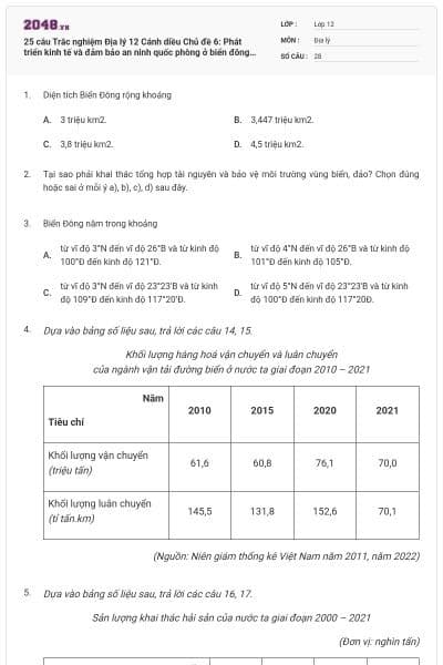 25 câu Trắc nghiệm Địa lý 12 Cánh diều Chủ đề 6: Phát triển kinh tế và đảm bảo an ninh quốc phòng ở biển đông và các đảo, quần đảo có đáp án