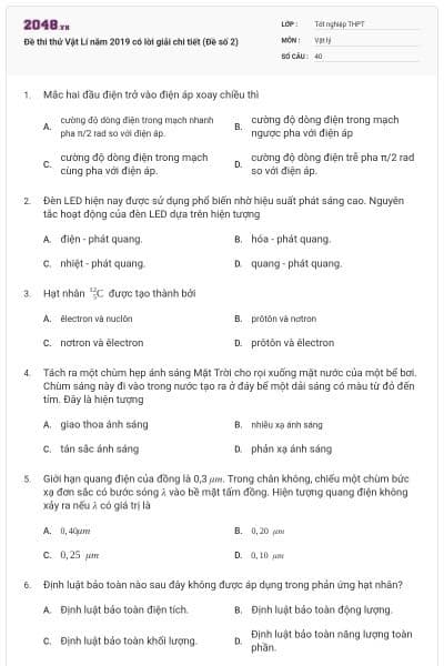 Đề thi thử Vật Lí năm 2019 có lời giải chi tiết (Đề số 2)