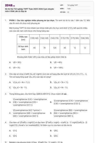 Đề thi thử Tốt nghiệp THPT Toán 2025-2026 Cụm chuyên môn 4 Đắk Lắk có đáp án