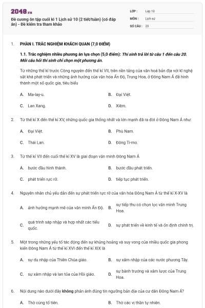 Đề cương ôn tập cuối kì 1 Lịch sử 10 (2 tiết/tuần) (có đáp án) - Đề kiểm tra tham khảo