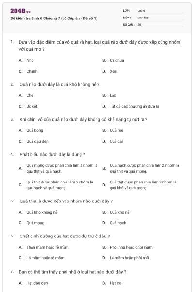 Đề kiểm tra Sinh 6 Chương 7 (có đáp án - Đề số 1)
