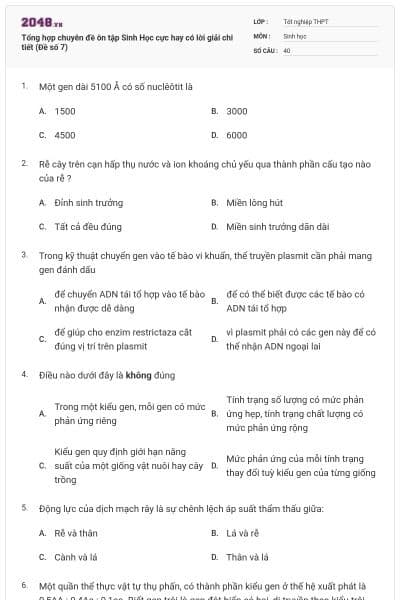Tổng hợp chuyên đề ôn tập Sinh Học cực hay có lời giải chi tiết (Đề số 7)