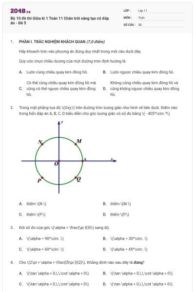 Bộ 10 đề thi Giữa kì 1 Toán 11 Chân trời sáng tạo có đáp án - Đề 5
