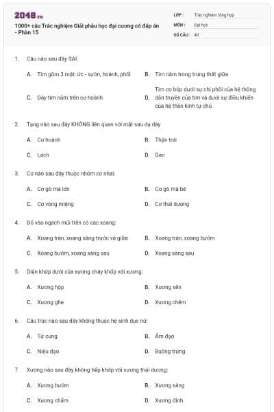 1000+ câu Trắc nghiệm Giải phẫu học đại cương có đáp án - Phần 15
