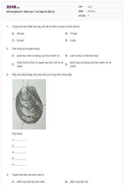 Đề thi giữa kì 1 Sinh học 7 có đáp án (Đề 5)