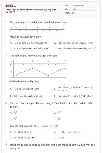 Tuyển chọn đề thi thử THPTQG môn Toán cực hay, chọn lọc (đề 12)