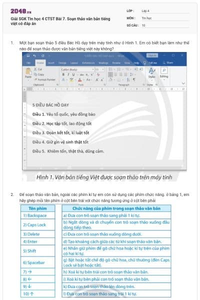 Giải SGK Tin học 4 CTST Bài 7. Soạn thảo văn bản tiếng việt có đáp án