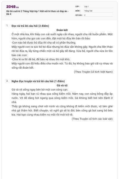 Đề thi cuối kì 2 Tiếng Việt lớp 1 Kết nối tri thức có đáp án - Đề 4