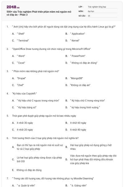 500+ câu Trắc nghiệm Phát triển phần mềm mã nguồn mở có đáp án - Phần 3