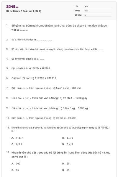 Đề thi Giữa kì 1 Toán lớp 4 (Đề 2)