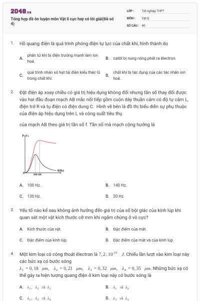 Tổng hợp đề ôn luyện môn Vật lí cực hay có lời giải(Đề số 4)