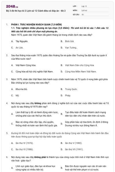 Bộ 3 đề thi học kì 2 Lịch sử 12 Cánh diều có đáp án - Đề 2
