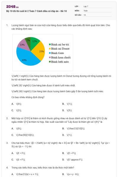 Bộ 10 đề thi cuối kì 2 Toán 7 Cánh diều có đáp án - Đề 10