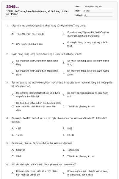 1000+ câu Trắc nghiệm Quản trị mạng và hệ thống có đáp án - Phần 1