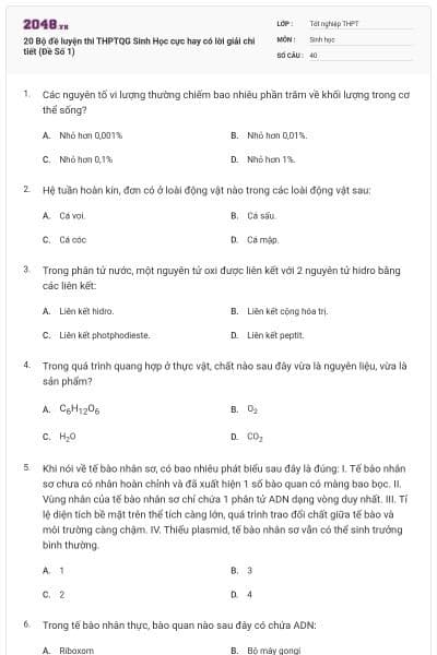 20 Bộ đề luyện thi THPTQG Sinh Học cực hay có lời giải chi tiết (Đề Số 1)