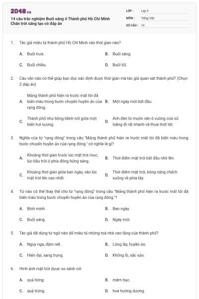 14 câu trắc nghiệm Buổi sáng ở Thành phố Hồ Chí Minh Chân trời sáng tạo có đáp án
