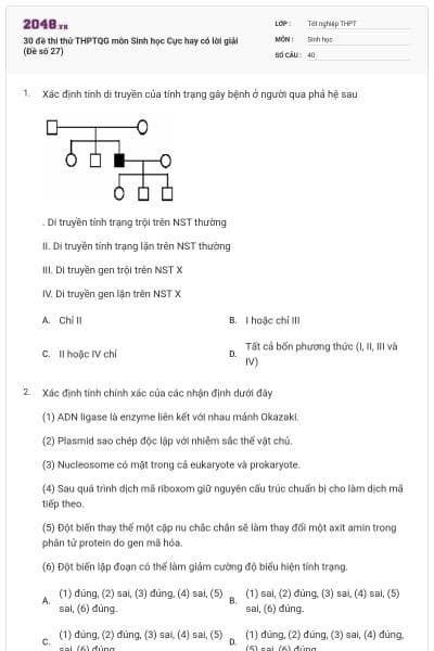 30 đề thi thử THPTQG môn Sinh học Cực hay có lời giải (Đề số 27)