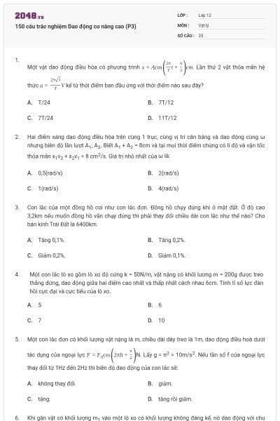150 câu trắc nghiệm Dao động cơ nâng cao (P3)