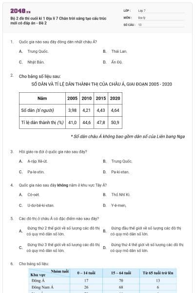 Bộ 2 đề thi cuối kì 1 Địa lí 7 Chân trời sáng tạo cấu trúc mới có đáp án - Đề 2