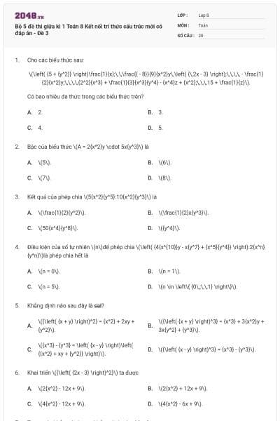 Bộ 5 đề thi giữa kì 1 Toán 8 Kết nối tri thức cấu trúc mới có đáp án - Đề 3