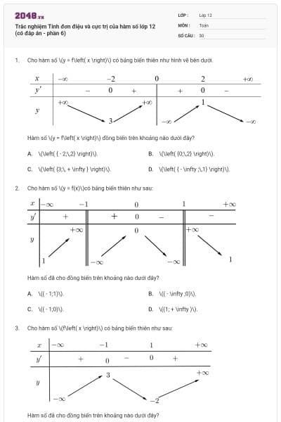 Trắc nghiệm Tính đơn điệu và cực trị của hàm số lớp 12 (có đáp án - phần 6)
