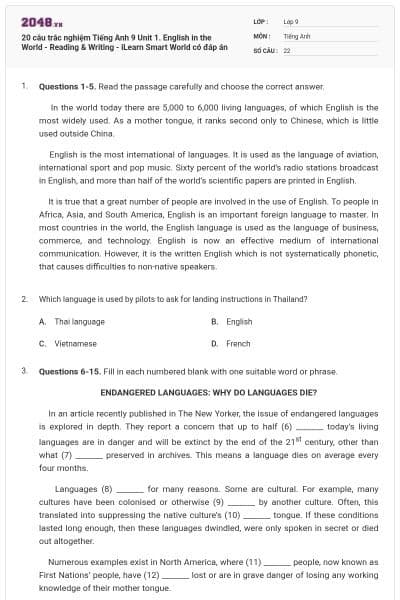20 câu trắc nghiệm Tiếng Anh 9 Unit 1. English in the World - Reading & Writing - iLearn Smart World có đáp án