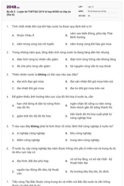 Bộ đề 5 - Luyện thi THPTQG 2019 tổ hợp KHXH có đáp án (Địa lý)