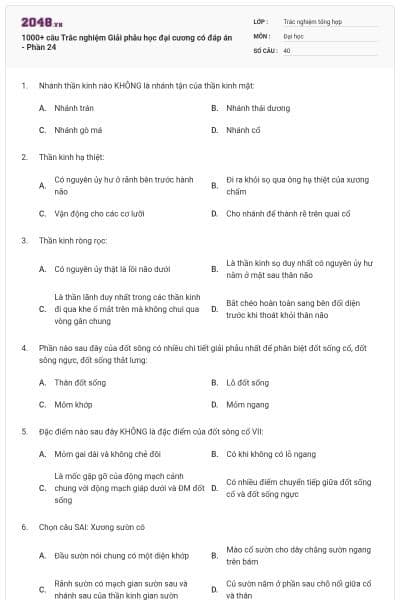 1000+ câu Trắc nghiệm Giải phẫu học đại cương có đáp án - Phần 24