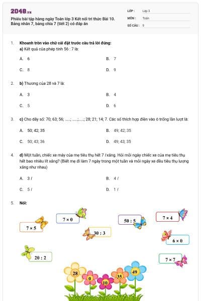 Phiếu bài tập hàng ngày Toán lớp 3 Kết nối tri thức Bài 10. Bảng nhân 7, bảng chia 7 (tiết 2) có đáp án