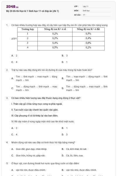 Bộ 20 đề thi Học kì 1 Sinh học 11 có đáp án (đề 1)