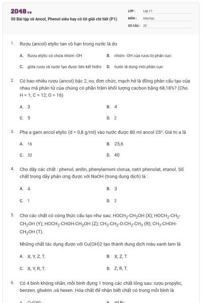 50 Bài tập về Ancol, Phenol siêu hay có lời giải chi tiết (P1)
