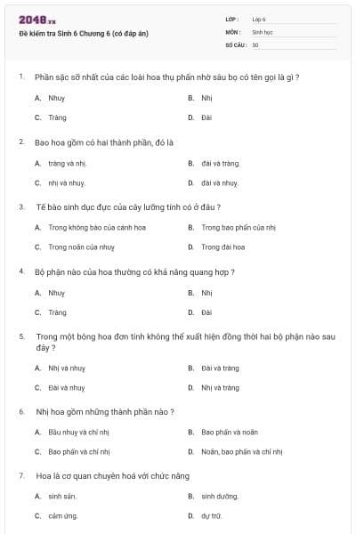 Đề kiểm tra Sinh 6 Chương 6 (có đáp án)