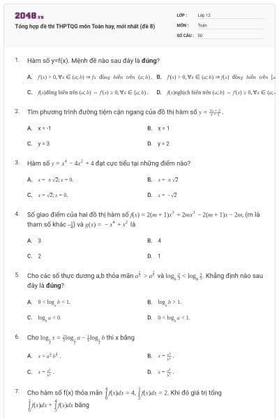Tổng hợp đề thi THPTQG môn Toán hay, mới nhất (đề 8)