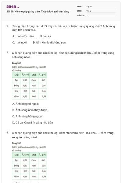 Bài 30: Hiện tượng quang điện. Thuyết lượng tử ánh sáng