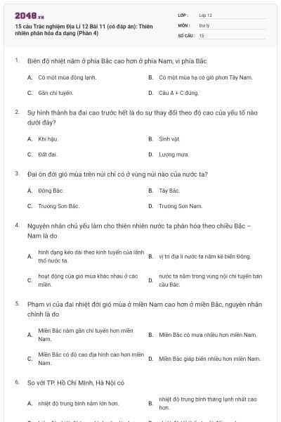 15 câu Trắc nghiệm Địa Lí 12 Bài 11 (có đáp án): Thiên nhiên phân hóa đa dạng (Phần 4)