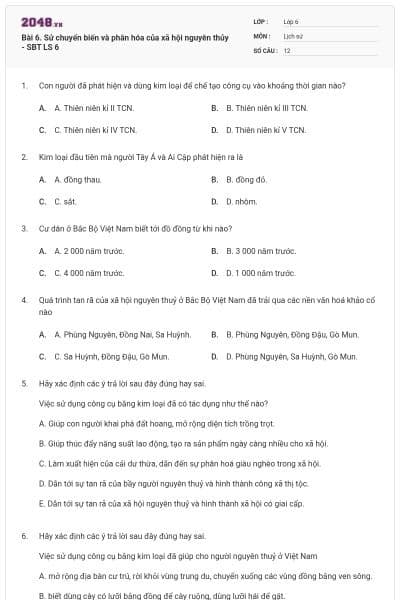 Bài 6. Sử chuyển biến và phân hóa của xã hội nguyên thủy - SBT LS 6