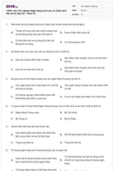 1000+ câu Trắc nghiệm Ngân hàng nhà nước và chính sách tiền tệ (có đáp án) - Phần 43