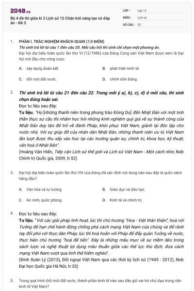 Bộ 4 đề thi giữa kì 2 Lịch sử 12 Chân trời sáng tạo có đáp án - Đề 3