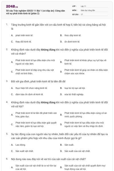50 câu Trắc nghiệm GDCD 11 Bài 1 (có đáp án): Công dân với sự phát triển kinh tế (phần 2)