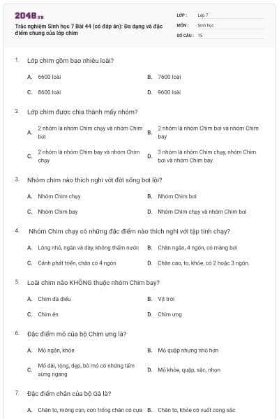 Trắc nghiệm Sinh học 7 Bài 44 (có đáp án): Đa dạng và đặc điểm chung của lớp chim