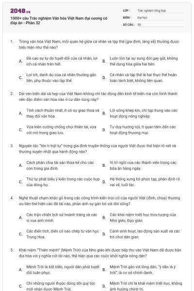 1000+ câu Trắc nghiệm Văn hóa Việt Nam đại cương có đáp án - Phần 32